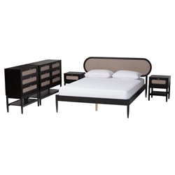 Baxton Studio Shirin Mid-Century Beige Fabric and Black Wood Queen 5-Piece Bedroom Set